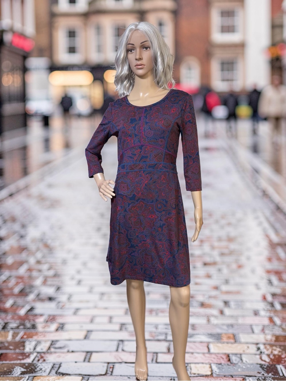 Title Nine NWT Sz S Navy & Burgundy Paisley Long Sleeve Fit-n-Flare Dress (0762)